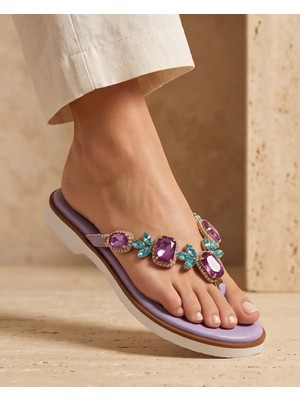 Futsi Shoes Solene Mor Hakiki Deri Kadın Taşlı Şık Parmak Arası Terlik – Zarif ve Işıltılı Yazlık Model