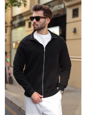 Madmext Siyah Fermuarlı Dik Yaka Basic Erkek Hırka E7199