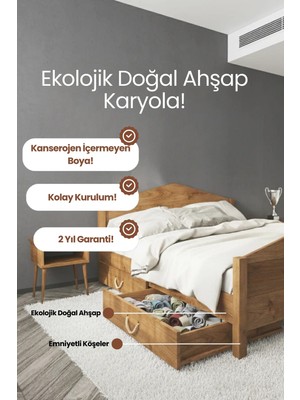 Renazzo Mobilya Mi̇lano Piramit Model 2 Çekmeceli Masif Ahşap Karyola Kolay Kurulum Fırınlanmış Ithal Sibirya Çamı 90X190 Yatak Uyumlu