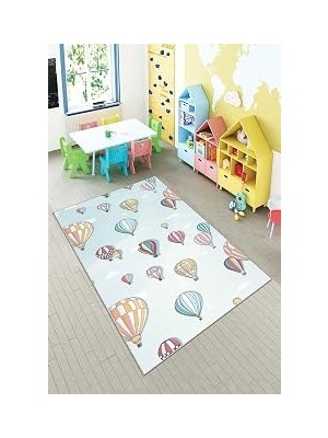 TeknoKapsül Pelangi Beyaz Uçan Balon Desenli Yıkanabilir Kaymaz Taban Leke Tutmazbebek ve Çocuk Odası Halısı, Mavi-Pembe 100 x 250, 901357108100250