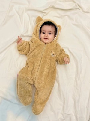 Minizade Wellsoft Peluş Unisex Fermuarlı Patikli Kışlık Bebek Uyku Tulumu Çocuk Tulumu Çocuk Kostümü