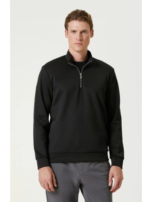 MidasTech Uzun Kol Yarım Farmuarlı Yakalı Basic Sweatshirt - Siyah