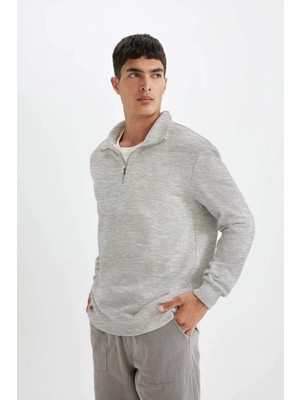 MidasTech Uzun Kol Yarım Farmuarlı Yakalı Basic Sweatshirt - Gri