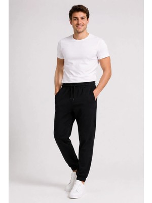 MidasTech Erkek Iki Iplik Beli Lastikli Bağcıklı Regular Fit Jogger Eşofman Altı - Siyah