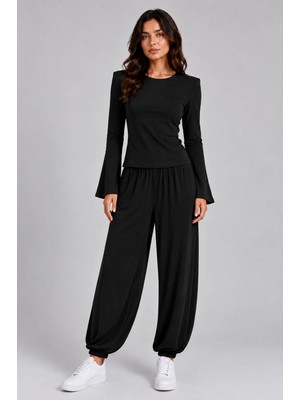 Sortie Collection Kadın Beli ve Paçası Lastikli Dökümlü Pantolon Siyah