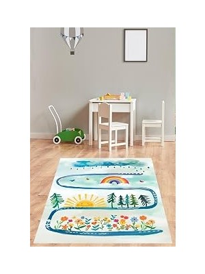 TeknoKapsül Pelangi Bulut Gökkuşağı Güneş Renkli Çiçekler Desenli Yıkanabilir Kaymaz Taban Leke Tutmaz Çocuk Odası Halı, Mavi-Yeşil-Sarı 100 x 250, 7642013610025005