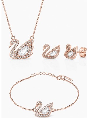 Aksel Silver Pembe Zirkon Taşlı Kuğu Set | 925 Ayar Gümüş Set - Gümüş Kuğu Kadın Set - Kuğu Set Gümüş