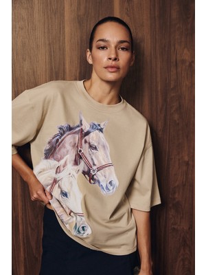 Grimelange Ranchera Kadın Baskılı Kısa Kollu Relaxed Bej T-Shirt
