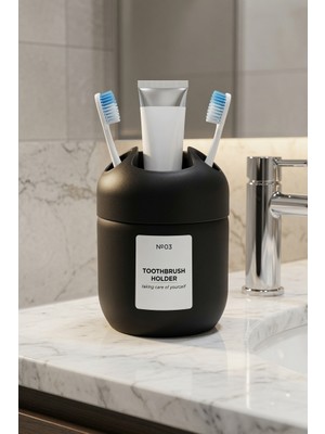 Genchome Homeware Cam Gövdeli Diş Fırçalık 3 Bölmeli Diş Macunluğu Banyo Organizeri Diş Fırçası Tutucu Siyah