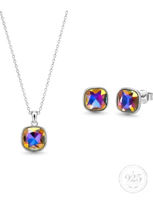 Servi 925 Ayar Gümüş Multicolor Kristal Taşlı Gökkuşağı Kolye Küpe Set