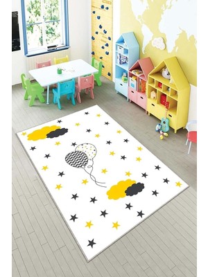 TeknoKapsül Pelangi Beyaz Balon ve Bulut Desenli Yıkanabilir Kaymaz Taban Leke Tutmazbebek ve Çocuk Odası Halısı, Beyaz 120 x 200