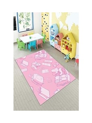 TeknoKapsül Pelangi Pembe Eşya Ikonlu Çocuk Yıkanabilir Kaymaz Taban Leke Tutmazbebek ve Çocuk Odası Halısı, Şeker Pembe 130 x 180