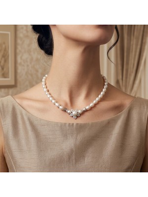 Eski Yeni Antik Inci Kolye Gümüş Çiçek Motifli Taşlı Detaylı 40 cm