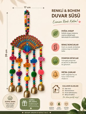 El Yapımı Tavus Kuşu Duvar Süsü Çanlı Renkli Boncuklu Dekoratif Duvar Aksesuarı