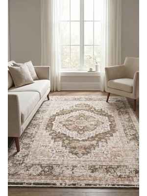 Livset Home Modern Dokuma Halı Yeşil Krem Salon Mutfak Antre Yolluk Oturma Odası Halısı F933E