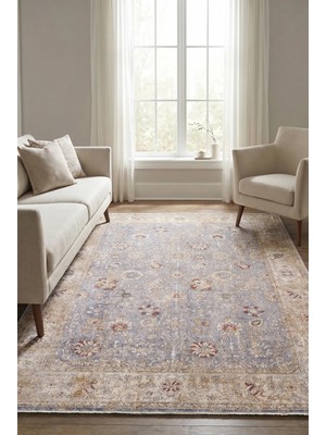 Livset Home Modern Dokuma Halı Krem Mavi Salon Mutfak Antre Yolluk Oturma Odası Halısı J335B