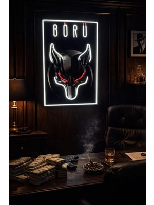 Dh Elektromarket Börü Neon LED Tablo – Kurt Figürlü Işıklı Dekoratif Duvar Tablosu 55X85 cm | Neon LED Aydınlatmalı