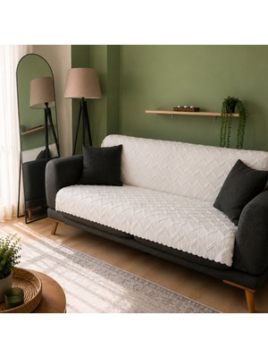 Atay Home Saçaklı Zigzag Dokulu Şönil 3’lü Koltuk Örtüsü 170X210 cm – Gri / Beyaz / Krem / Vizon