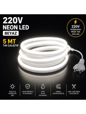 5 Metre Tak Çalıştır Parlak Güçlü Işık Borsan 220V Neon LED Beyaz