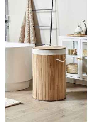 St. Morritz Naturel Yuvarlak Kirli Çamaşır Sepeti - Bambu Katlanabilir Çamaşır Sepeti Sele 35X50 cm 60 Lt Bej