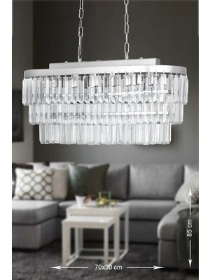 St. Morritz Linsa 70X30 Cm'lik Kristal Cam Taşlı Yemek Masası Üstü Lüks Avize - (Gümüş Yaldız)