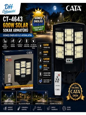 Dh Elektromarket Cata CT-4643 Solar Sokak Armatürü 600W Kumandalı Sensörlü IP65