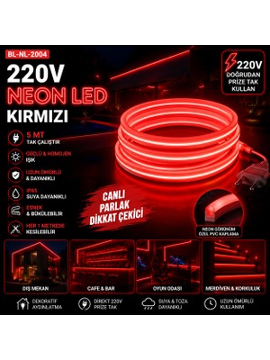 5 Metre Tak Çalıştır Kırmızı Renk Neon LED Borsan 220V Neon LED Kırmızı