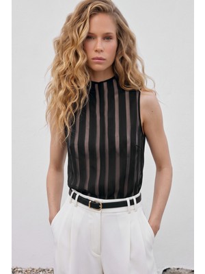 Sateen Çizgili Organze Kolsuz Bluz - Siyah
