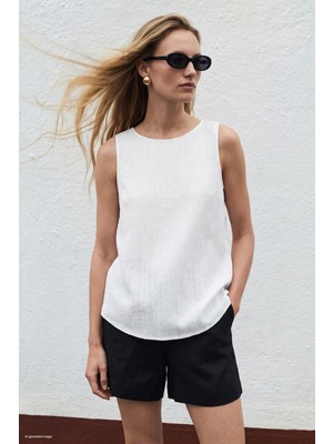 Sateen Dokulu Kolsuz Bluz - Ekru