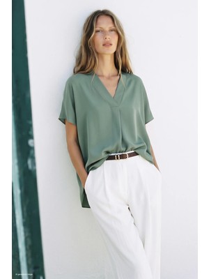 Sateen Geniş Kısa Kollu Bluz - Mint