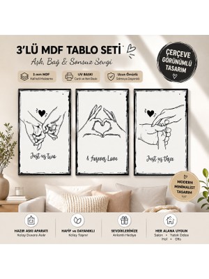 Kids Town 3’lü Aşk ve Aile Temalı Mdf Duvar Tablosu – Siyah Çerçeve Görünümlü Minimalist Dekoratif Tablo Seti