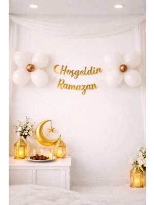 St. Morritz 11 Parça Hoşgeldin Ramazan Süsleme Seti 8 Beyaz 2 Gold Krom Balon Demeti Süsü Yeni Sezon Iftar Dekor