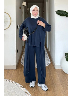Tesettür Diyarı Peny Pike Orijinal Modal Kumaş Parçalı Tunik-Pantolon Tesettür Takım- Lacivert