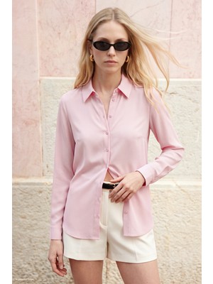 Sateen Düz Klasik Gömlek - Pembe