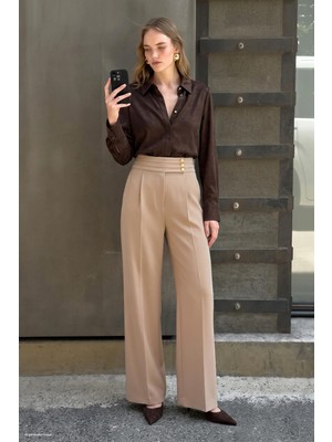 Sateen Bel Detaylı Pantolon - Koyu Bej