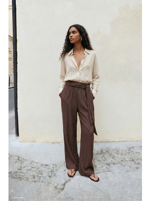 Sateen Kuşaklı Pantolon - Kahve