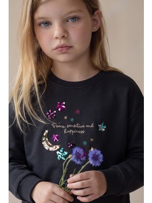 Cigit Pullu Ay Yıldız Nakışlı Sweatshirt 2-8 Yaş Antrasit