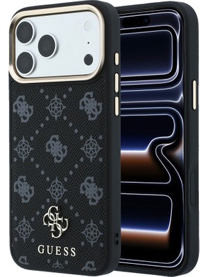 iPhone 18 Pro Max Kılıf Guess Lisanslı M-Safeli Klasik Yazı ve 4g Logolu Pu Deri Peony Kapak Siyah