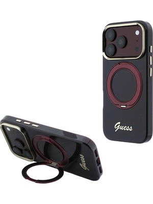iPhone 18 Pro Kılıf Guess Lisanslı M-Safeli Dönebilen Standlı Metal Yazı Logolu Silikon Kapak Bordo