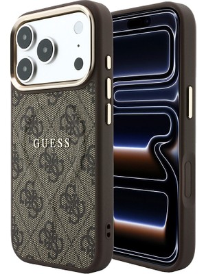 iPhone 18 Pro Kılıf Guess Lisanslı M-Safeli Gold Çerçeve C-Magnet 4g Desenli Yazı Logolu Kapak Kahve