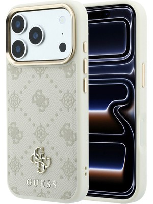 iPhone 18 Pro Max Kılıf Guess Lisanslı M-Safeli Klasik Yazı ve 4g Logolu Pu Deri Peony Kapak Bej