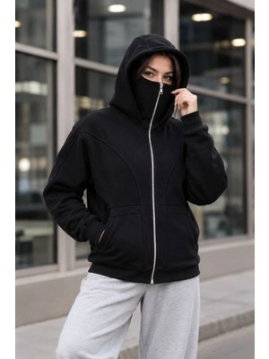 Velmora Fashion Kadın Maskeli Ninja Model Çift Kapüşonlu 3 Iplik Şardonlu Fermuarlı Oversize Sweatshirt - Siyah