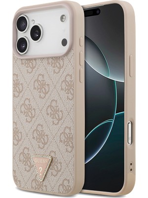 iPhone 18 Pro Max Kılıf Guess Lisanslı M-Safeli Taşlı Üçgen Logo 4g Desenli Strass Kapak Pembe