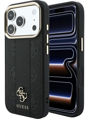 iPhone 18 Pro Kılıf Guess Lisanslı M-Safe Özellikli Şeritli Peony 4g ve Yazı Logolu Kapak Siyah