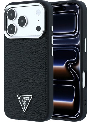 iPhone 18 Pro Uyumlu Kılıf Guess Orjinal Lisanslı M-Safe Şarj Özellikli Grained Triangle Kapak Siyah