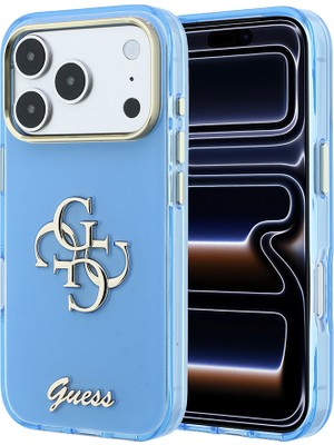 iPhone 18 Pro Uyumlu Kılıf Guess Orjinal Lisanslı Yazı ve 4g Büyük Metal Logolu Silikon Kapak Mavi