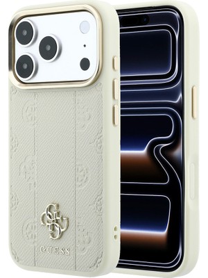 iPhone 18 Pro Kılıf Guess Lisanslı M-Safe Özellikli Şeritli Peony 4g ve Yazı Logolu Kapak Bej