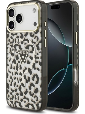 iPhone 18 Pro Max Kılıf Guess Lisanslı M-Safeli Üçgen Logolu Simli Leopar Desenli Kapak Siyah