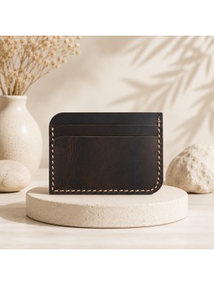 Oakco Leather Hakiki Deri Koyu Kahve El Yapımı Minimal Kartlık Cüzdan