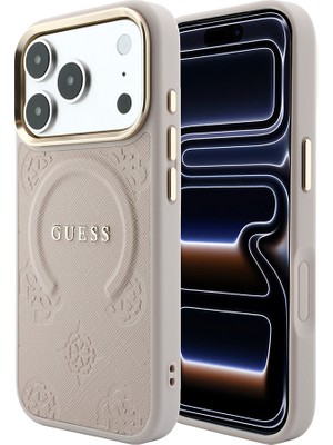 iPhone 18 Pro Max Kılıf Guess Lisanslı M-Safeli Yazı Logolu C-Magnet Pu Deri Peony Kapak Pembe